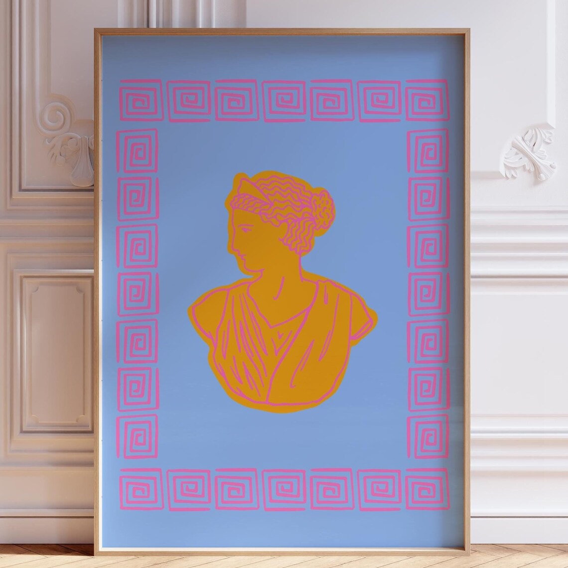 Golden Greek Bust Silhouette Poster on Blue with Pink Greek Key Border