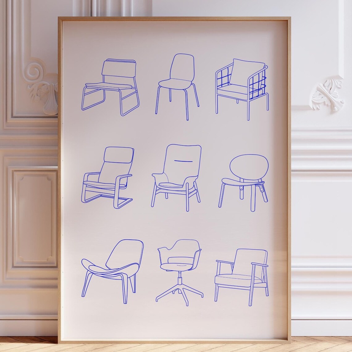 Nine Mid Century Modern Chairs Blue Line Furniture Design Poster