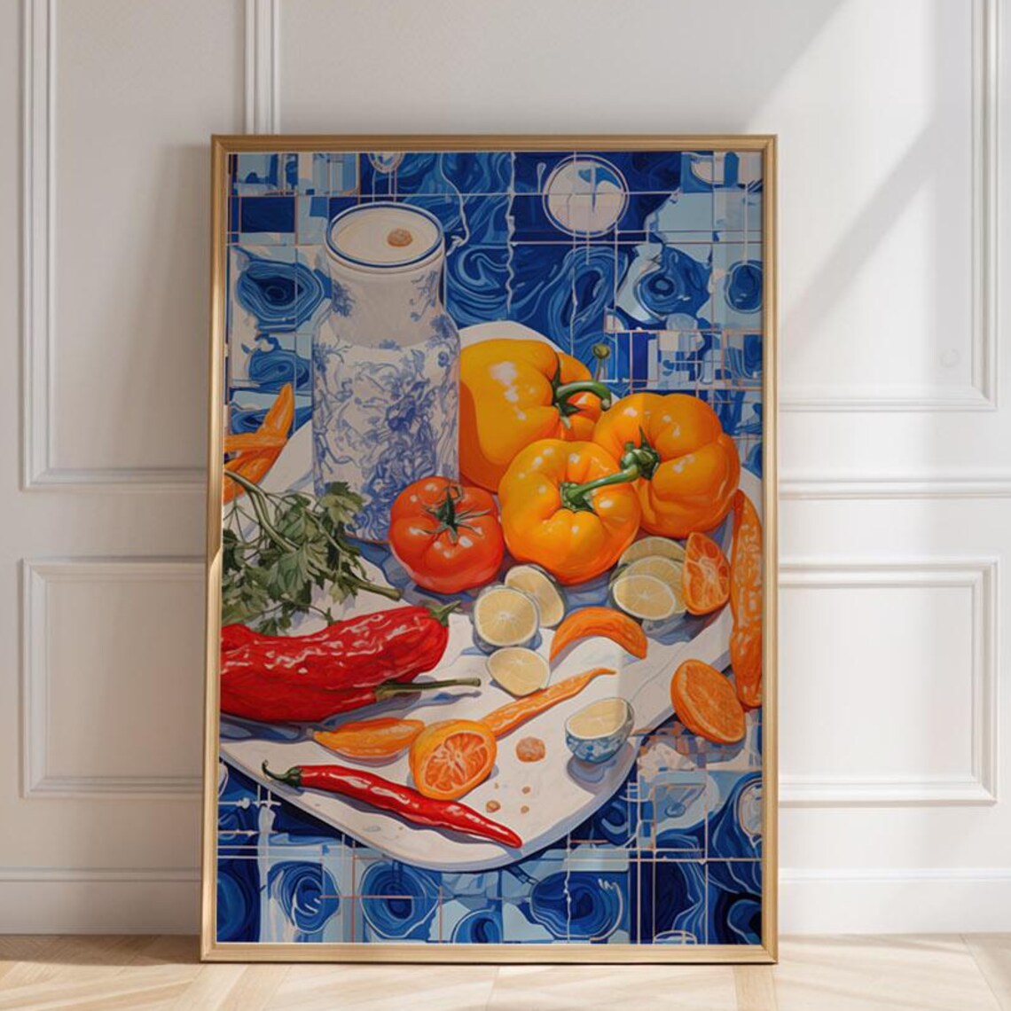 Colorful Peppers Tomato Lime Still Life Blue Mosaic Tile Kitchen Poster