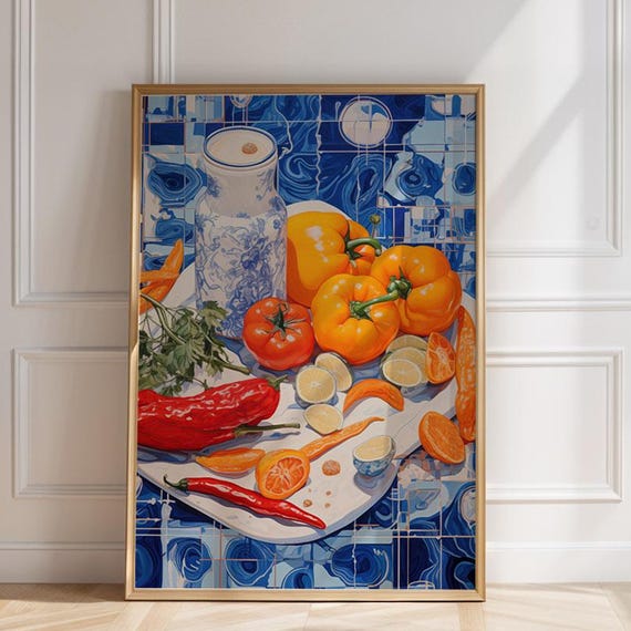 Food Still Life Poster Vibrant Pepper Lime Mosaic Art Print For Eclectic Kitchen Colorful Drawing And Illustration