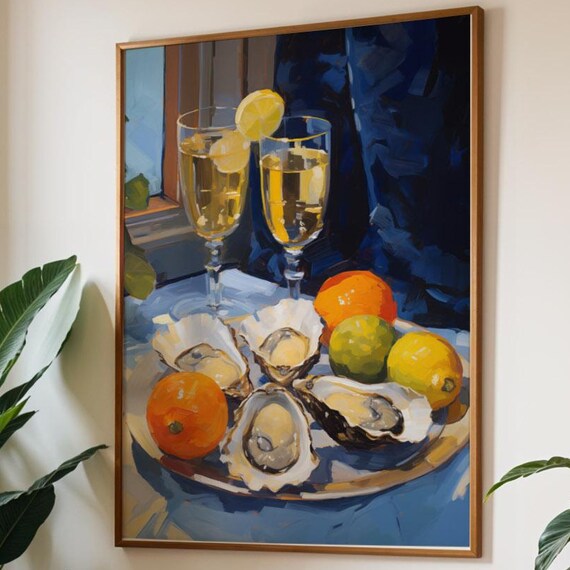 Gourmet Kitchen Poster Oysters Wine Still Life Art Print Illustration In Blue And Citrus Food Drawing