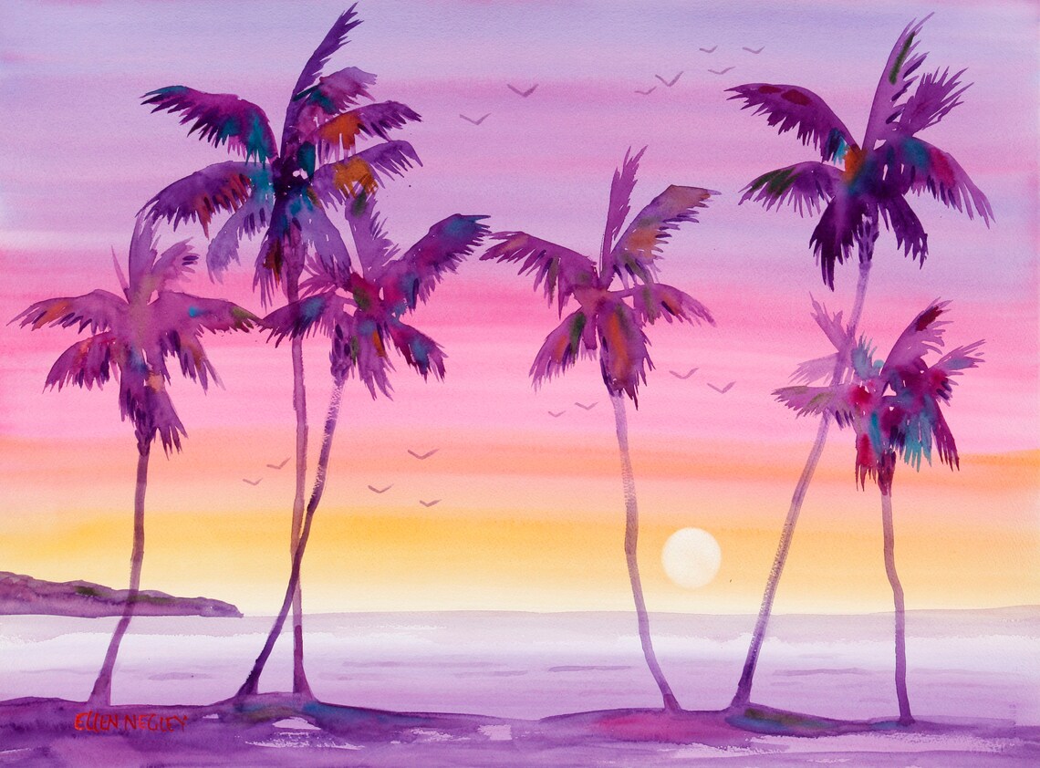 Key West Sunset Beach Watercolor, Tropical Art Print