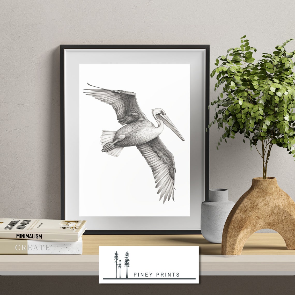 Pelican In Flight Black And White Bird Sketch Minimalist Coastal Print