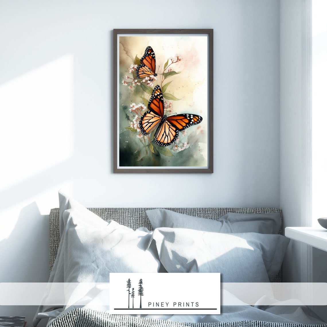 Two Monarch Butterflies With Blossoms Watercolor Nature Art Poster - Image 4