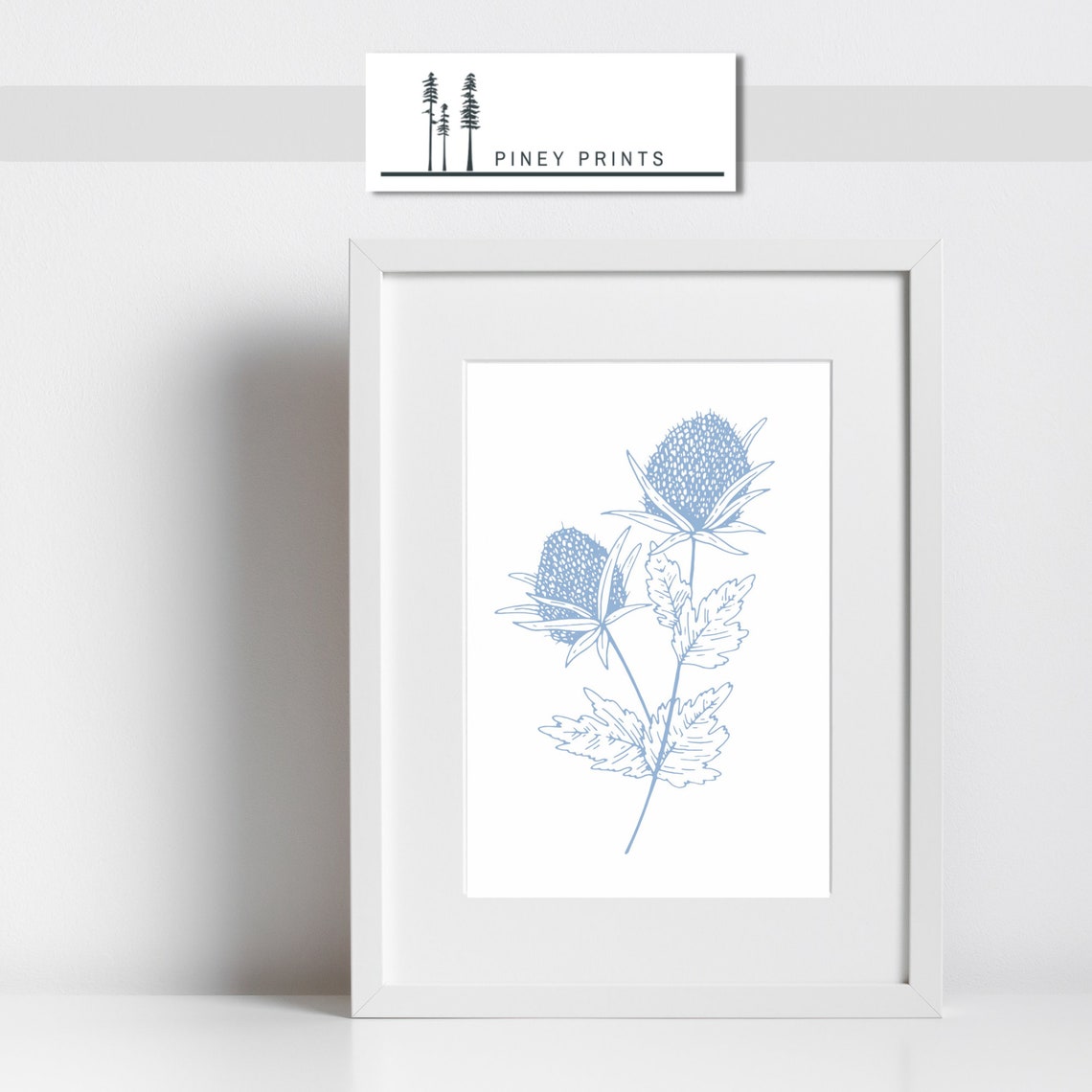 Minimalist Blue Thistle Botanical Line Drawing Floral Wall Poster