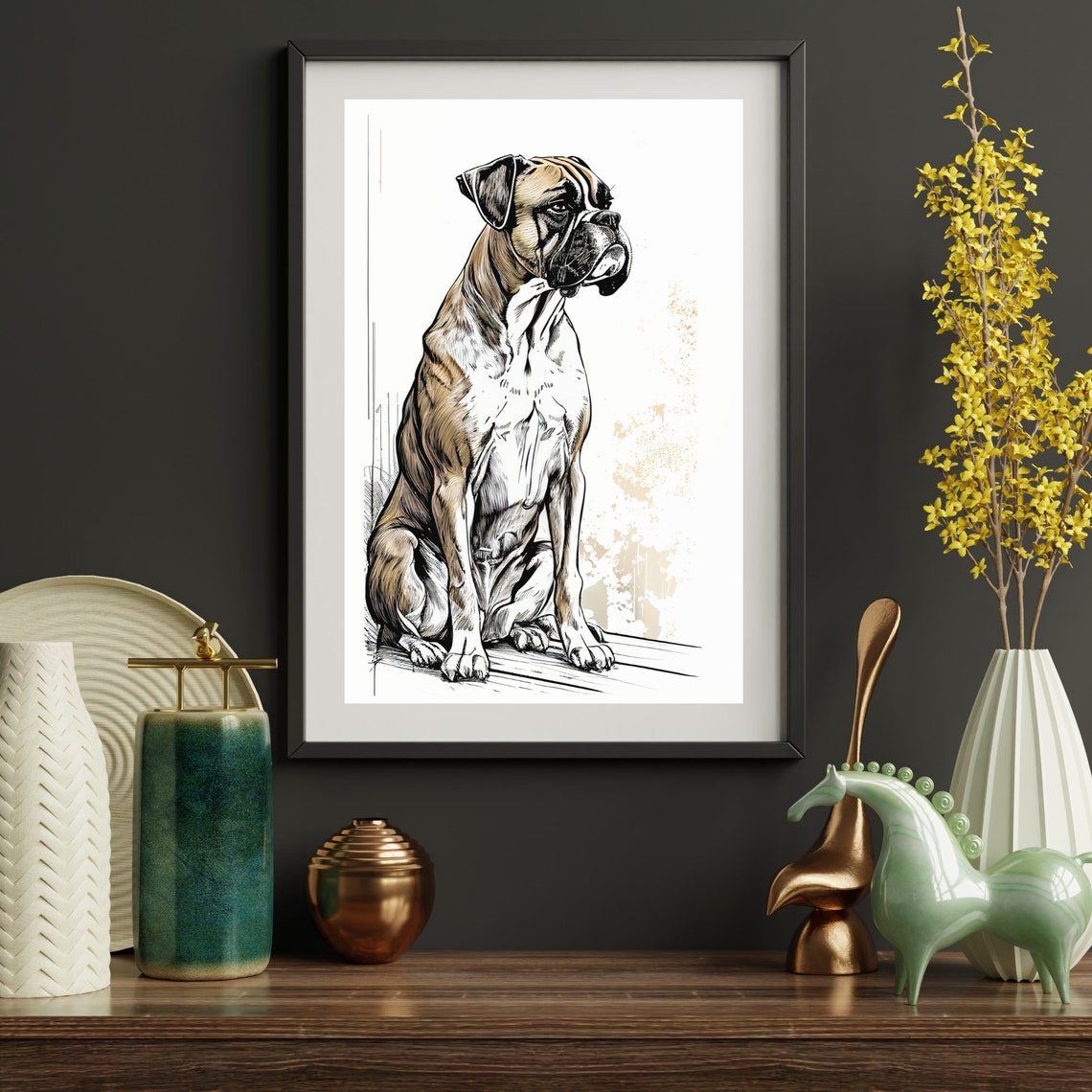 Boxer Dog Portrait Ink Illustration Seated Brindle Minimalist Poster - Image 3