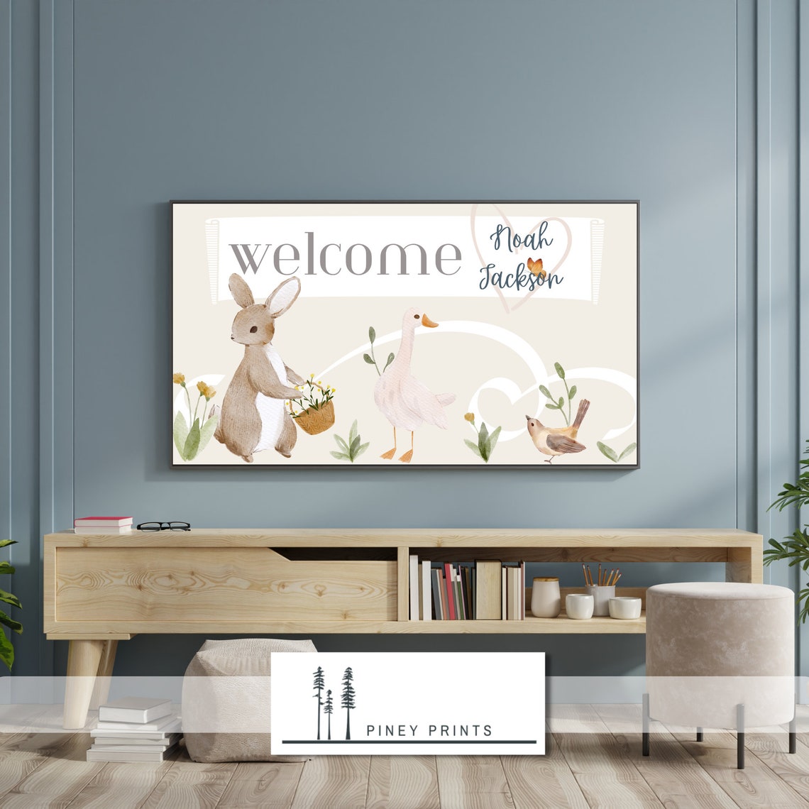 Welcome Custom Name Baby Shower Frame TV Art Woodland Animals Print - Image 3