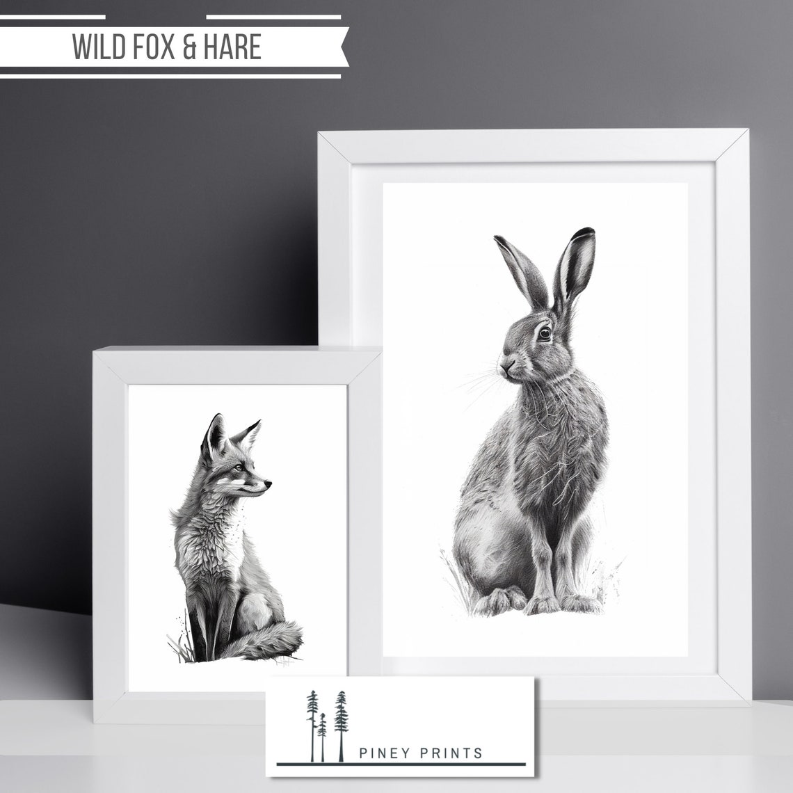 Set Of 4 Black White Sketches Fox Rabbit Pear Apple Wall Art - Image 3