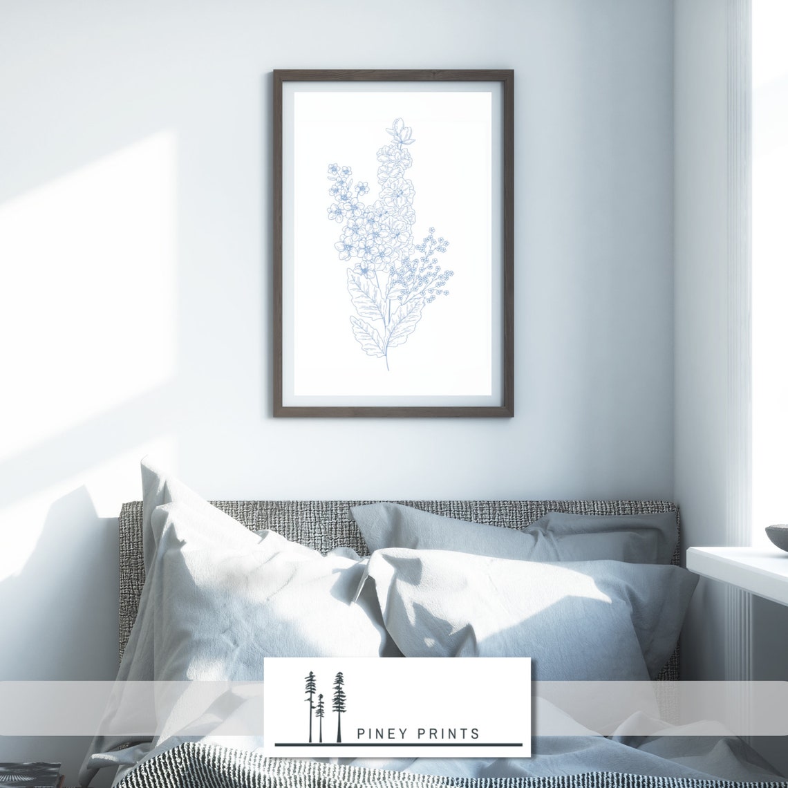 Blue Floral Bouquet Line Drawing Minimalist Botanical Art Poster - Image 3