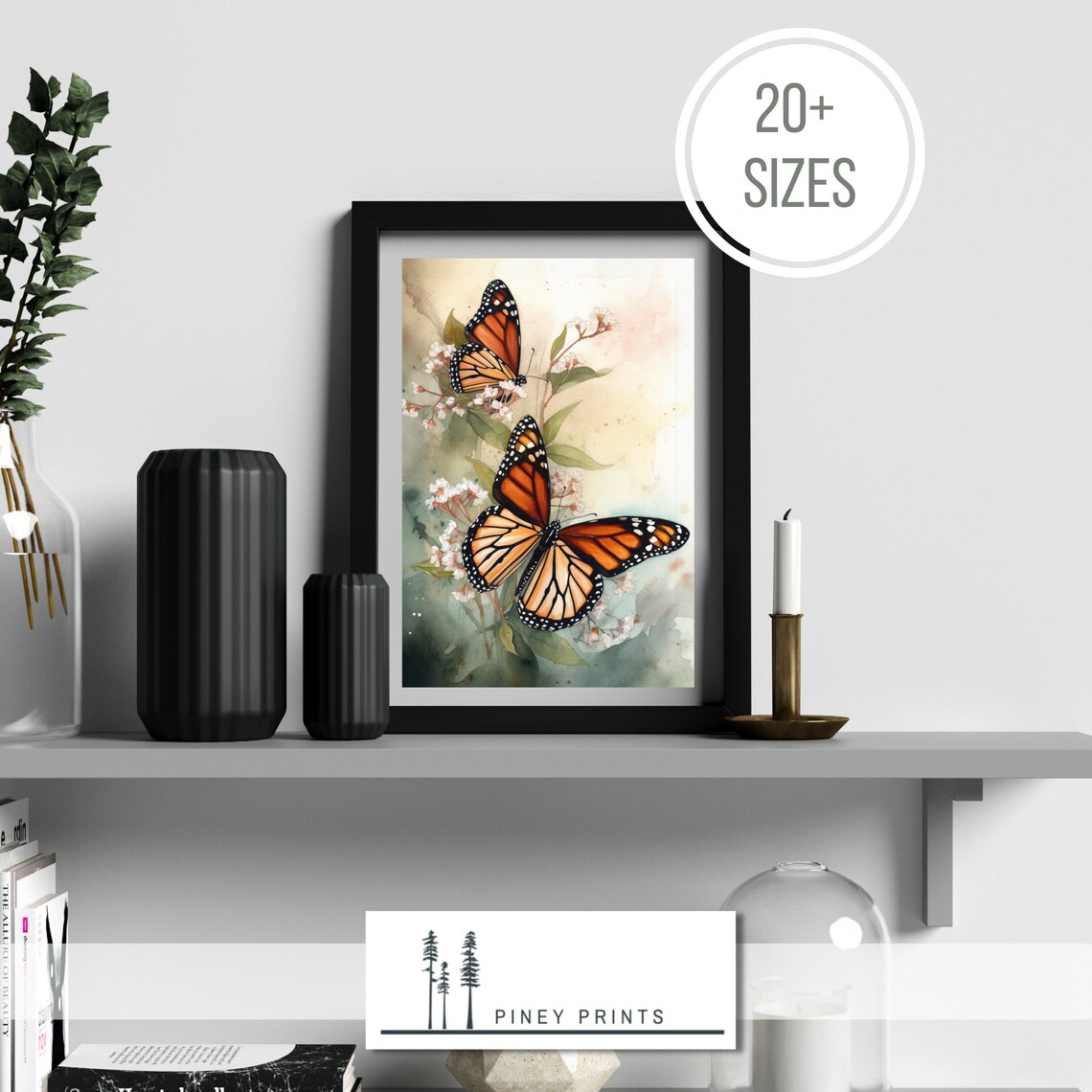 Two Monarch Butterflies With Blossoms Watercolor Nature Art Poster - Image 2