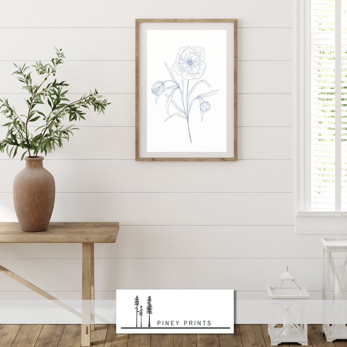 Blue Line Art Peony Flower Minimalist Botanical Drawing Poster - Image 3