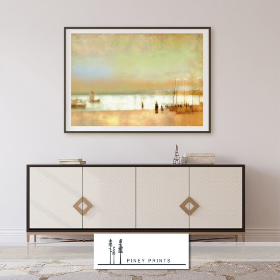 Golden Sunset Beach Sailboats Impressionist Seascape Painting Poster