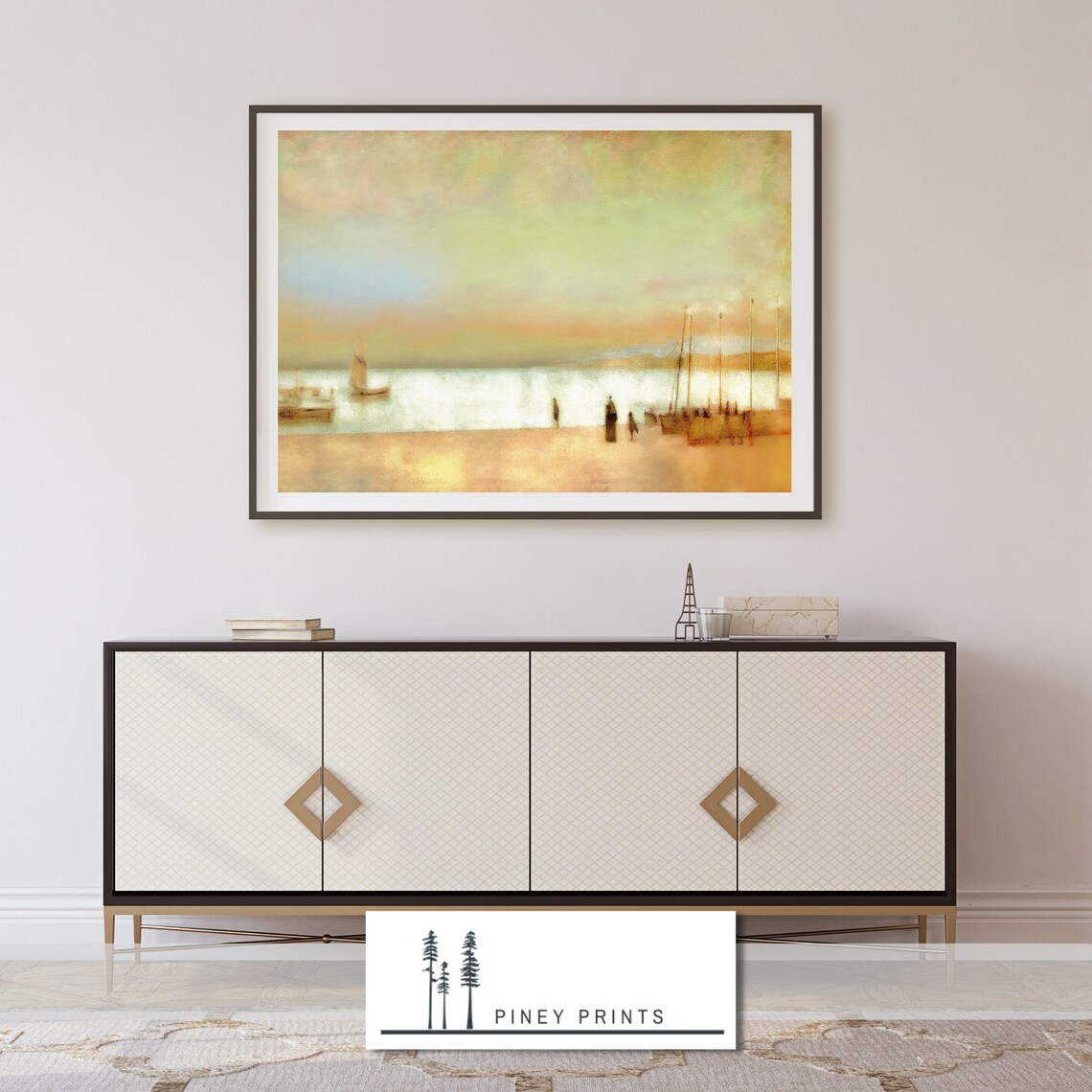 Golden Sunset Beach Sailboats Impressionist Seascape Painting Poster