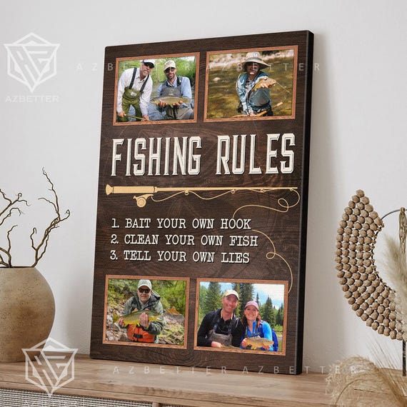 Personalized Fishing Rules Custom Fishing Photo Collage Wall Art Gift For Dad Grandpa Husband Son Fisherman Home Decor