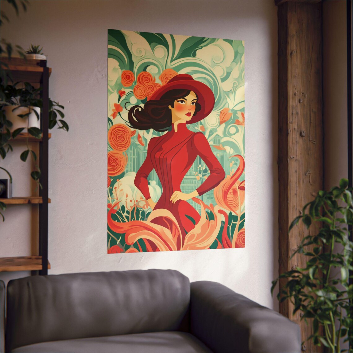 Elegant Art Nouveau Woman In Red Dress And Hat With Roses Poster - Image 2