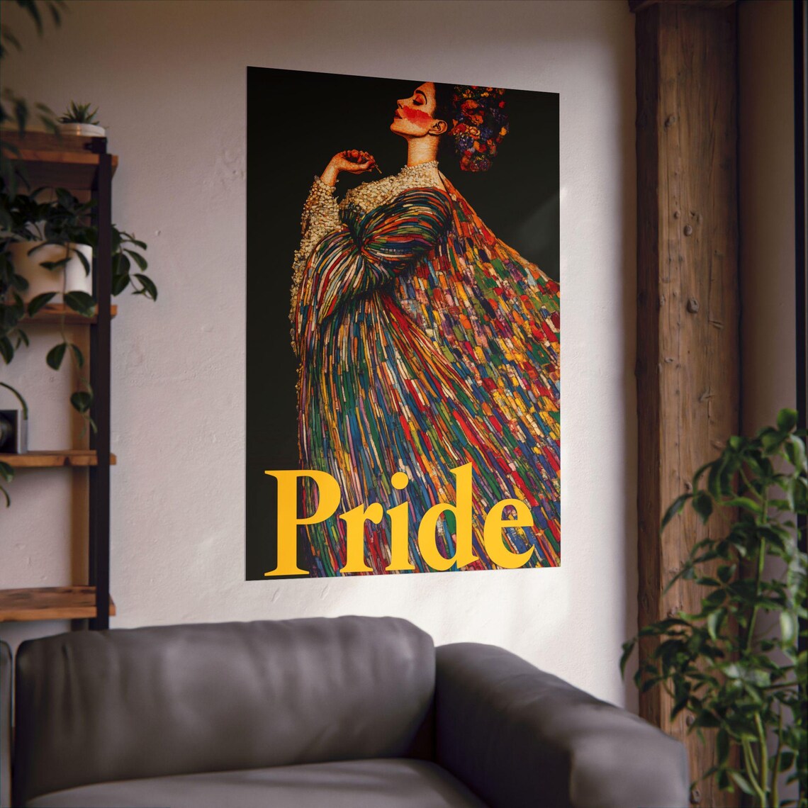 Pride Elegant Woman Rainbow Brushstroke Gown Dark Background Poster - Image 3