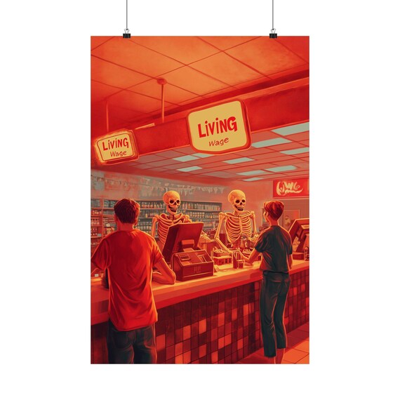 Living Wage Skeleton Cashiers Dark Humor Retail Worker Satire Art Poster