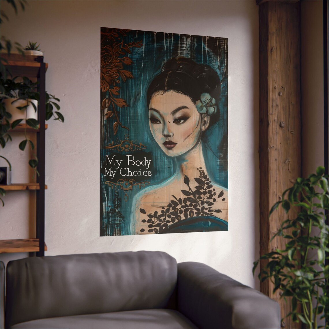 My Body My Choice Teal Gold Floral Woman Portrait Art Poster - Image 2