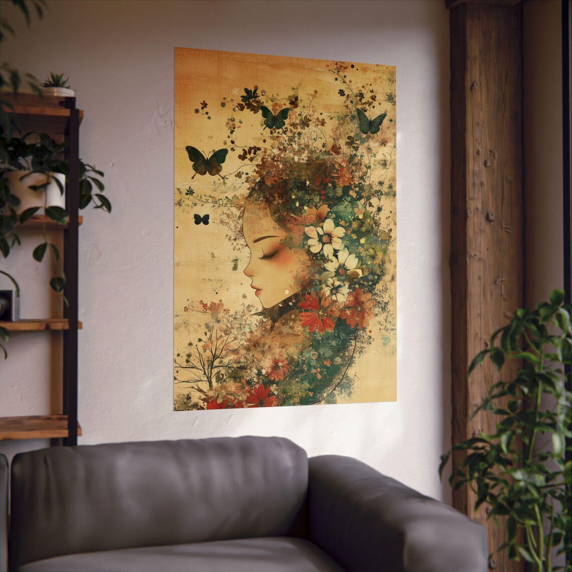 Woman Profile Blooming Flowers Butterflies Vintage Art Poster - Image 3