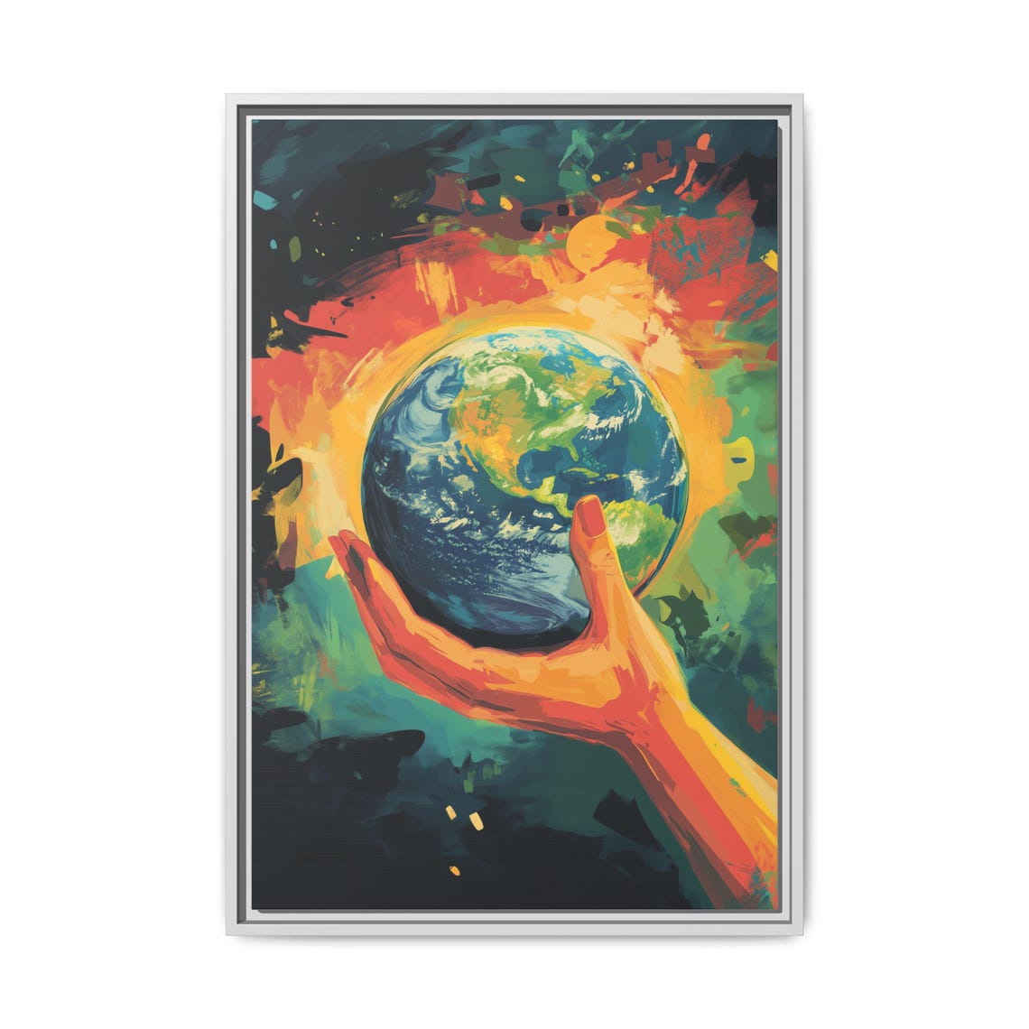 Hand Holding Planet Earth Vibrant Environmental Cosmic Art Print