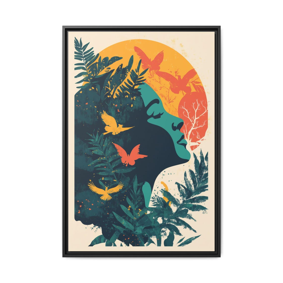 Tropical Woman Profile Birds and Sun Botanical Art Nouveau Print - Image 4