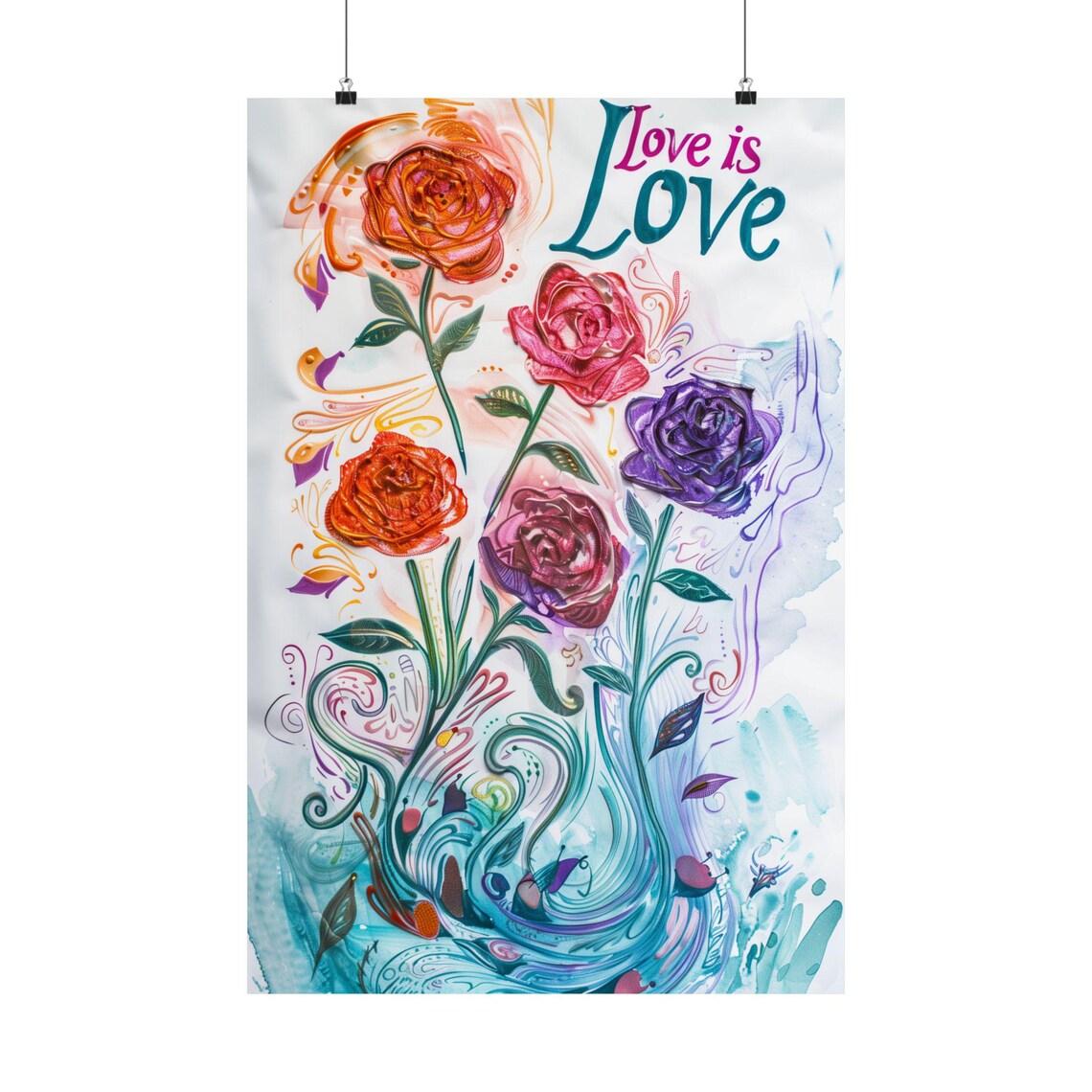 Love Is Love Watercolor Roses Romantic Floral Botanical Poster