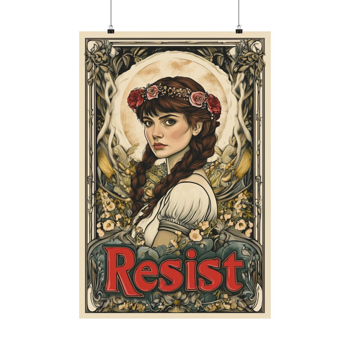 Resist Art Nouveau Rose Crown Woman Vintage Floral Boho Art Poster