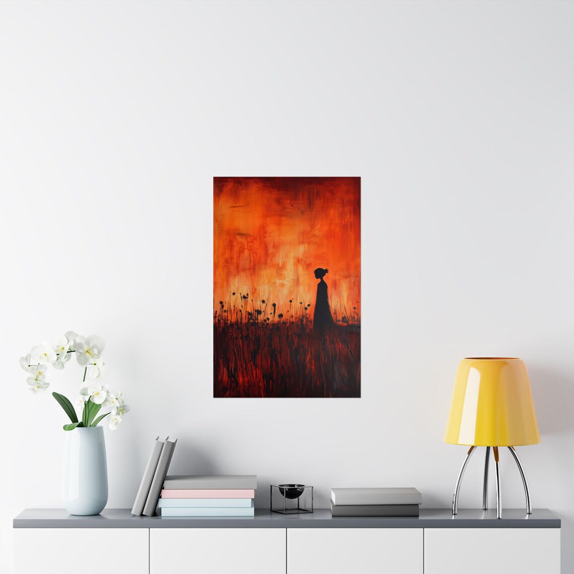 Woman Silhouette Wildflower Field Burning Orange Sunset Painting Poster - Image 2