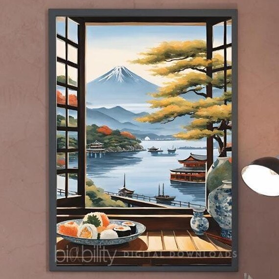 Mt Fuji Japan Window Painting Print To Sushi Sake Boats On Waterfront Artwork Abstract Matisse Style Art