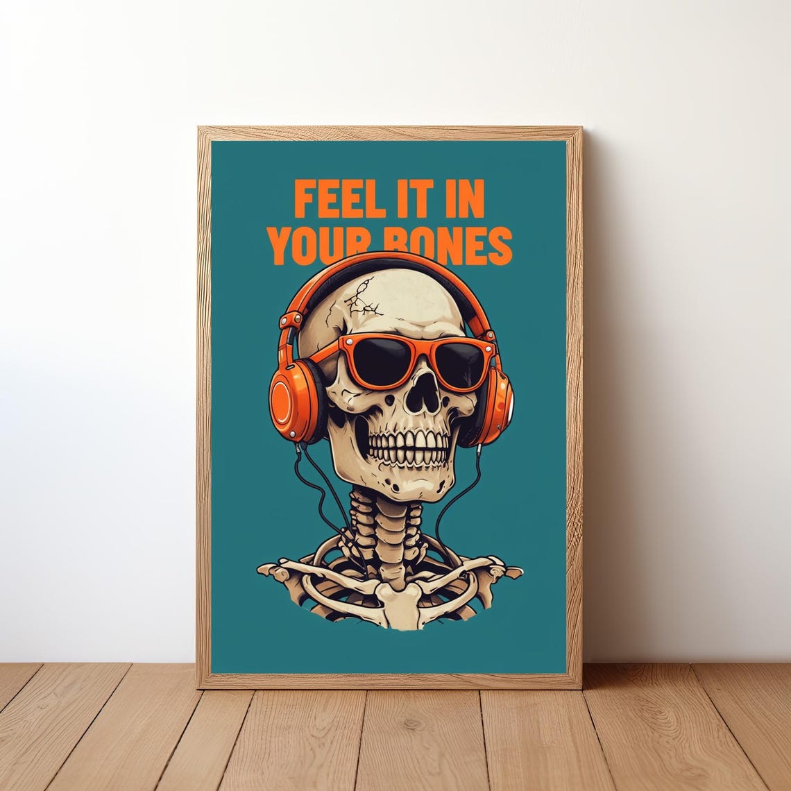 Feel It In Your Bones Skeleton Bold Headphones Teal Music Poster