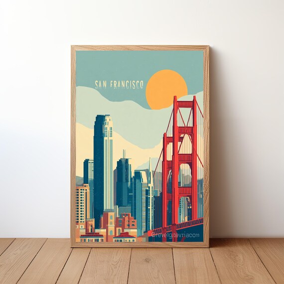 San Francisco Golden Gate Sunset Skyline Retro California Travel Poster