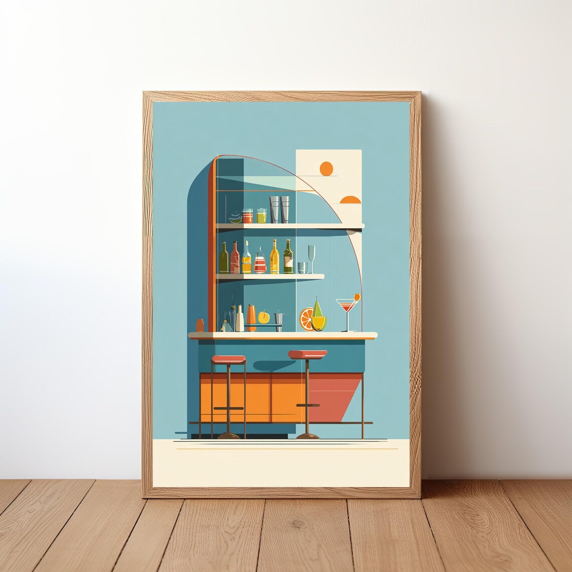 Art Deco Cocktail Bar Curved Shelf Teal Orange Retro Art Poster