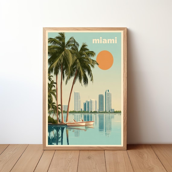 Miami Florida Retro Travel Poster Palm Trees Boat Skyline Orange Sun Art