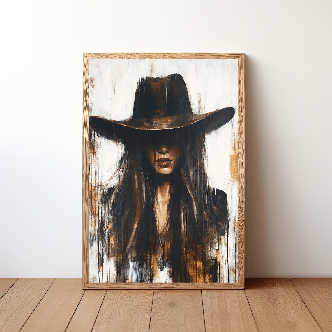 Cowgirl Dark Wide Brim Hat Drippy Abstract Painting Wall Art
