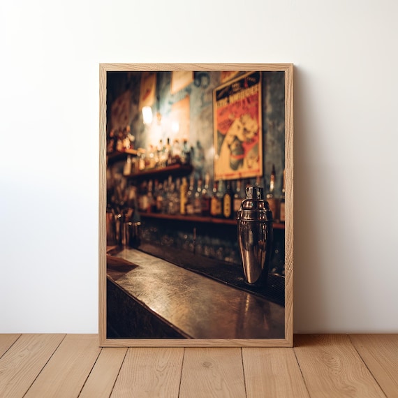 Vintage Cocktail Shaker on Bar Counter Warm Bokeh Photo Poster