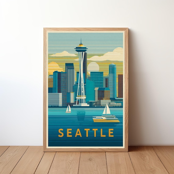 Seattle Retro Poster Space Needle Sailboats Gold Letter Skyline Art