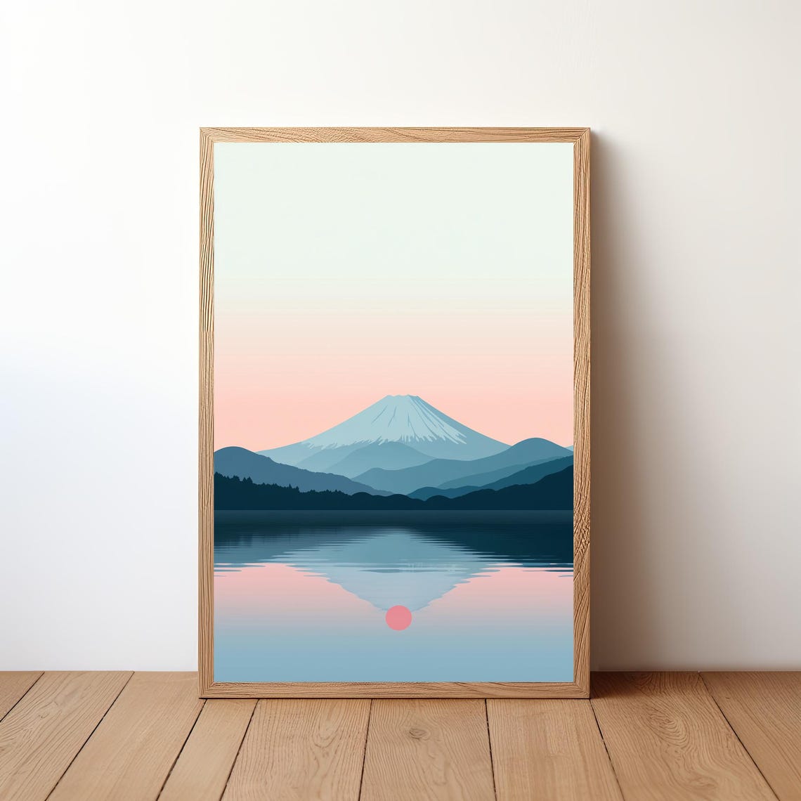 Mount Fuji Minimalist Sunrise Lake Reflection Pink Blue Art Poster