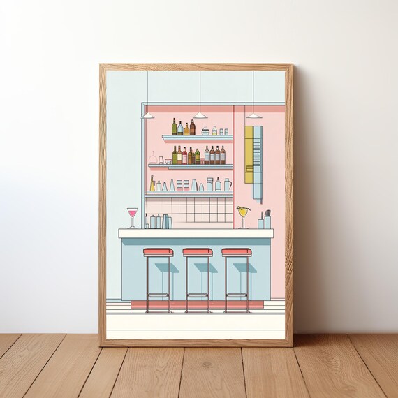 Pastel Pink Blue Cocktail Bar Illustration Red Stools Kitchen Poster