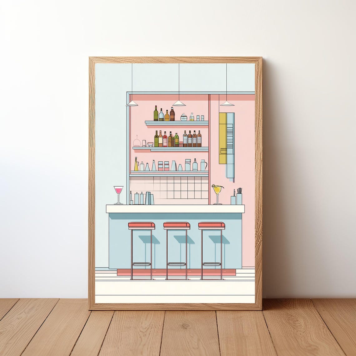 Pastel Pink Blue Cocktail Bar Illustration Red Stools Kitchen Poster