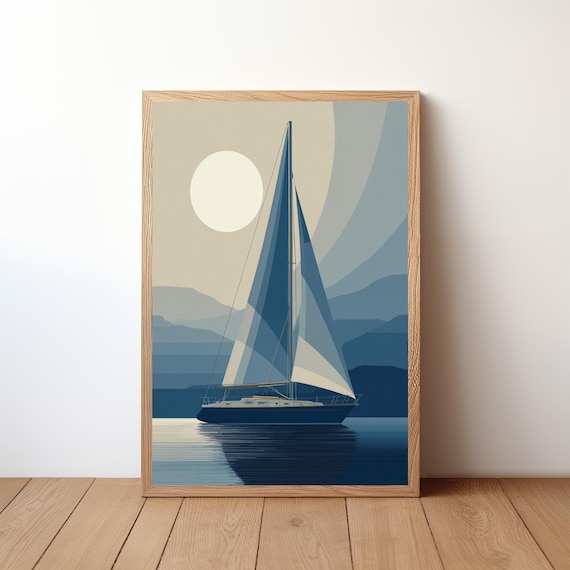 Geometric Sailboat With Layered Blue Sails Abstract Sky Modern Art Poster