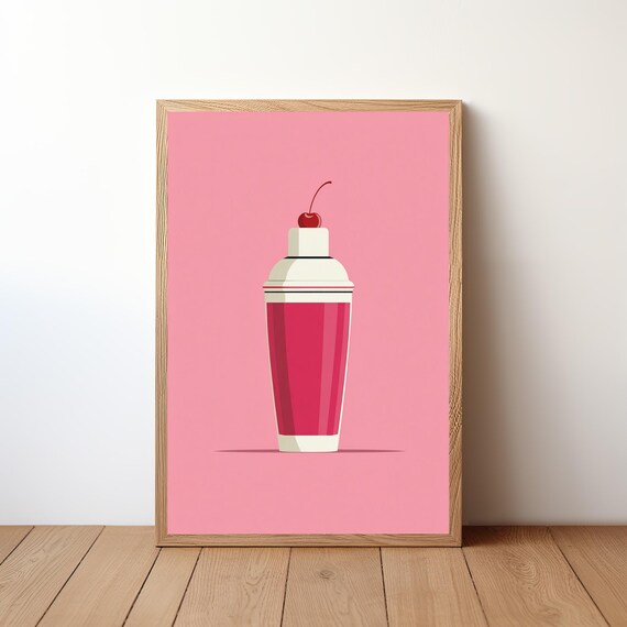 Sweet Pink Cocktail Shaker with Cherry Cute Retro Bar Poster