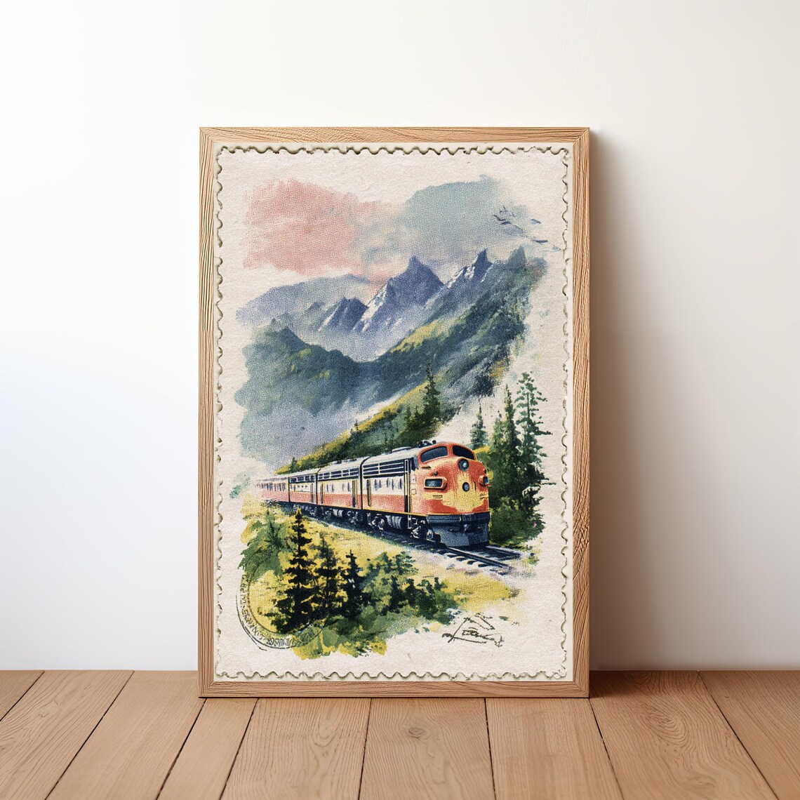 Vintage Train Stamp Poster, Scenic Railway Travel Poster