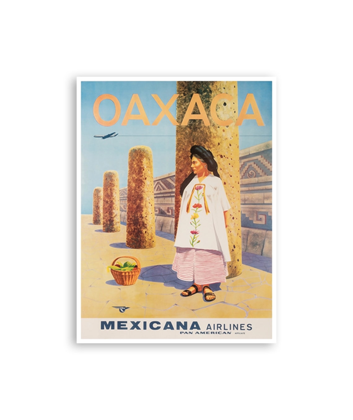 Oaxaca Mexicana Airlines Ancient Columns Folk Dress Vintage Poster