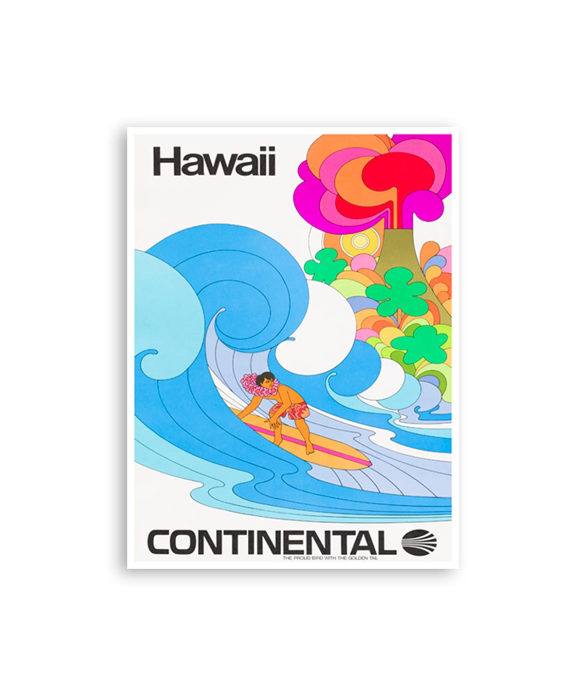 Hawaii Continental Airlines Surfer Wave Vintage Travel Poster Art