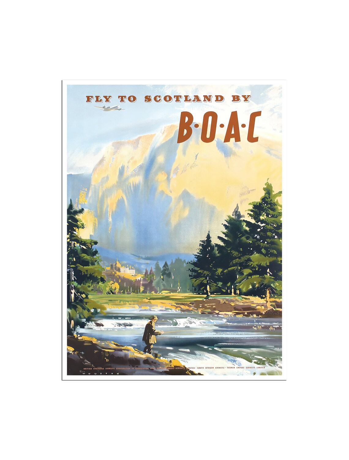 Fly To Scotland By BOAC Fly Fishing River Vintage Travel Poster