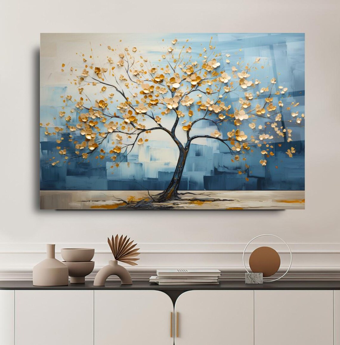 Golden Blossom Tree Tempered Glass Wall Art Abstract Nature Design Modern Glass Print Luxury Wall Decor For Home Or Office - Image 3