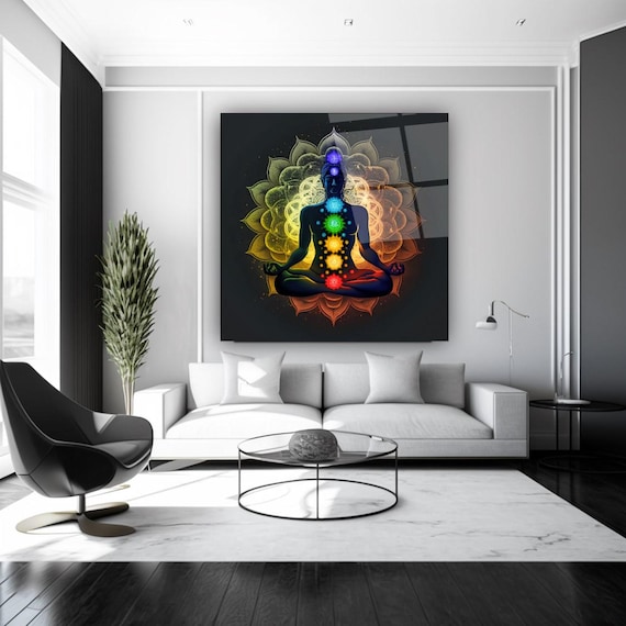 Chakra Meditation Silhouette with Lotus Flower Mandala Wall Art