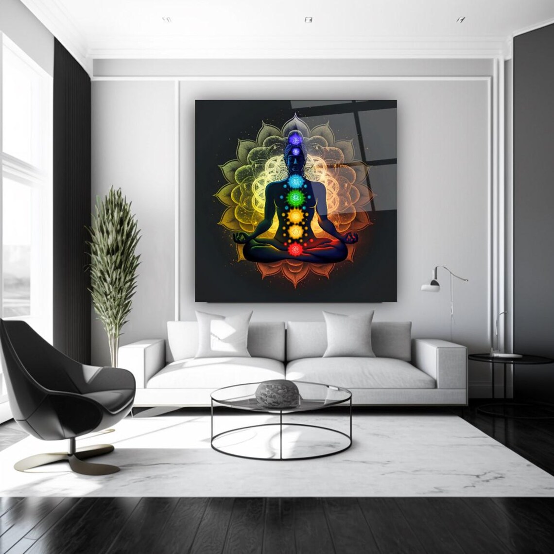 Chakra Meditation Silhouette with Lotus Flower Mandala Wall Art