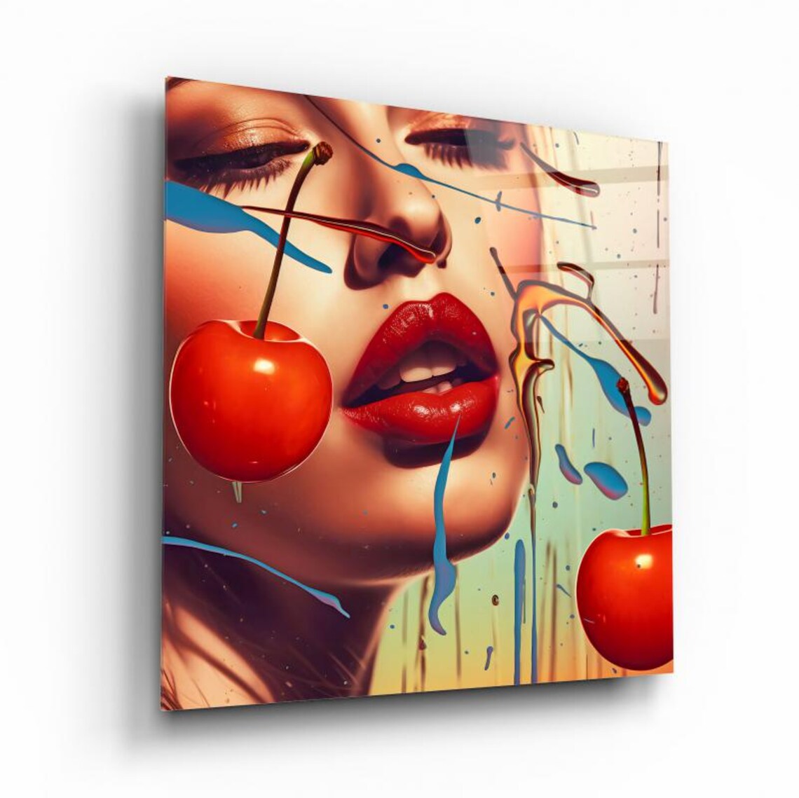 Pop Art Woman with Red Lips and Cherries Color Splash Wall Art - Image 2