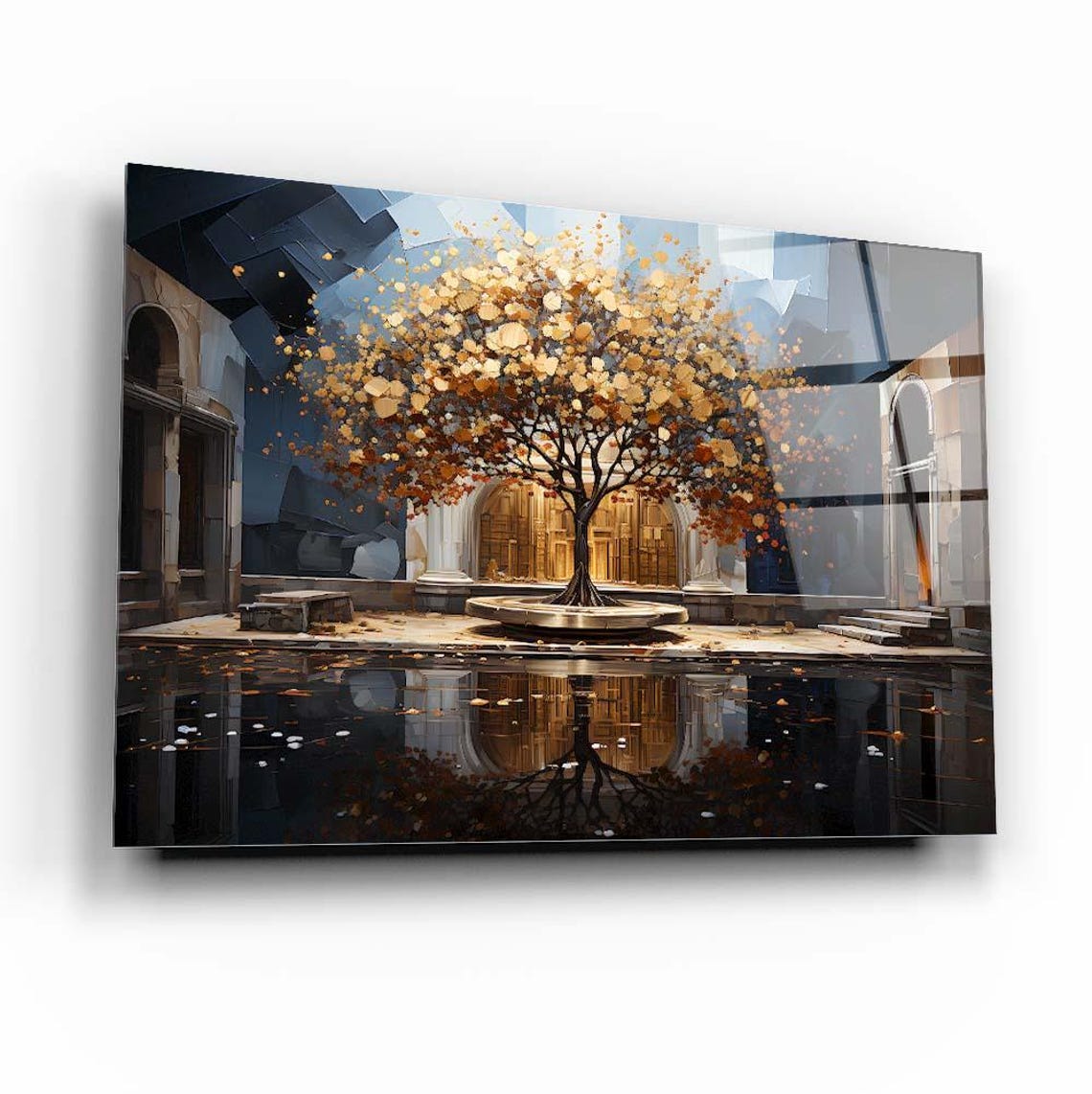 Golden Tree Courtyard Reflection Modern Architectural Art Poster - Image 3